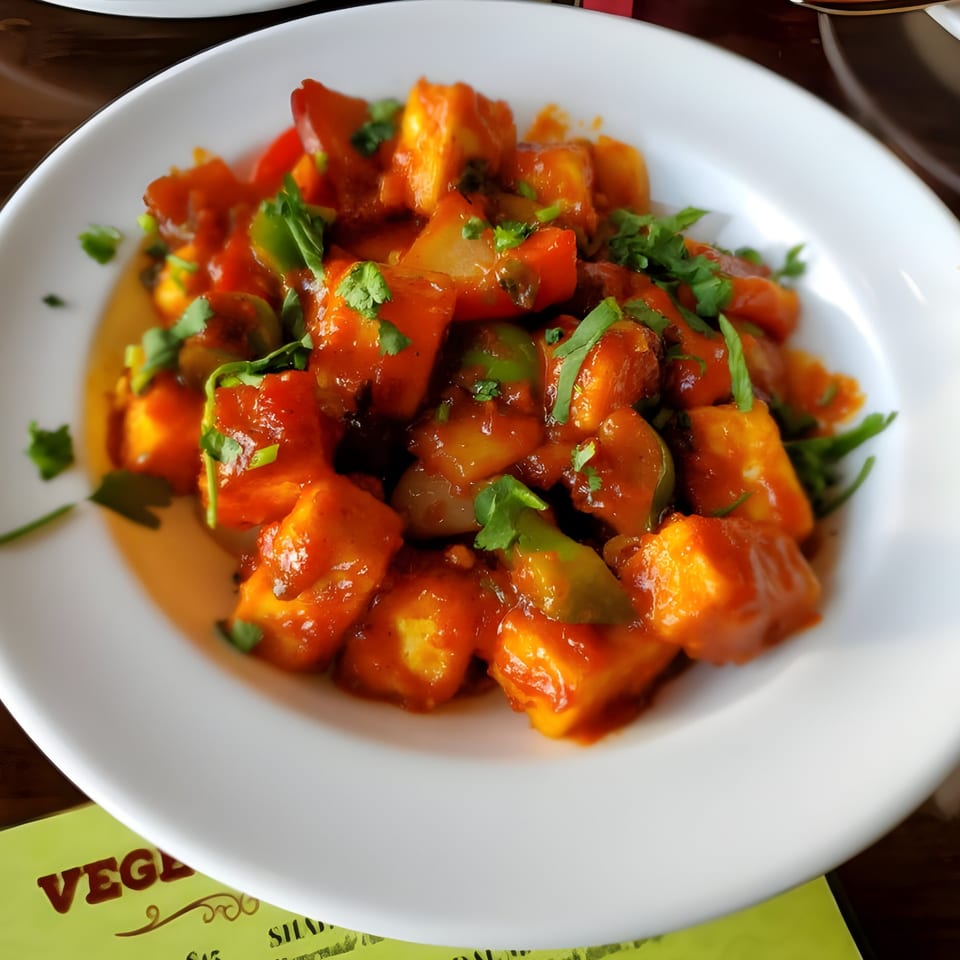 PIND Indian Cuisine's chili paneer, a vibrant dish with paneer, peppers, and cilantro in a rich sauce.