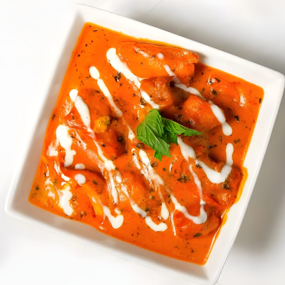 PIND Indian Cuisine's butter chicken, a vibrant orange curry with chicken pieces, drizzled with cream and garnished with mint.